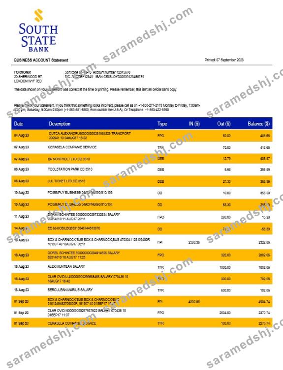 South State Bank company statement Word and PDF template